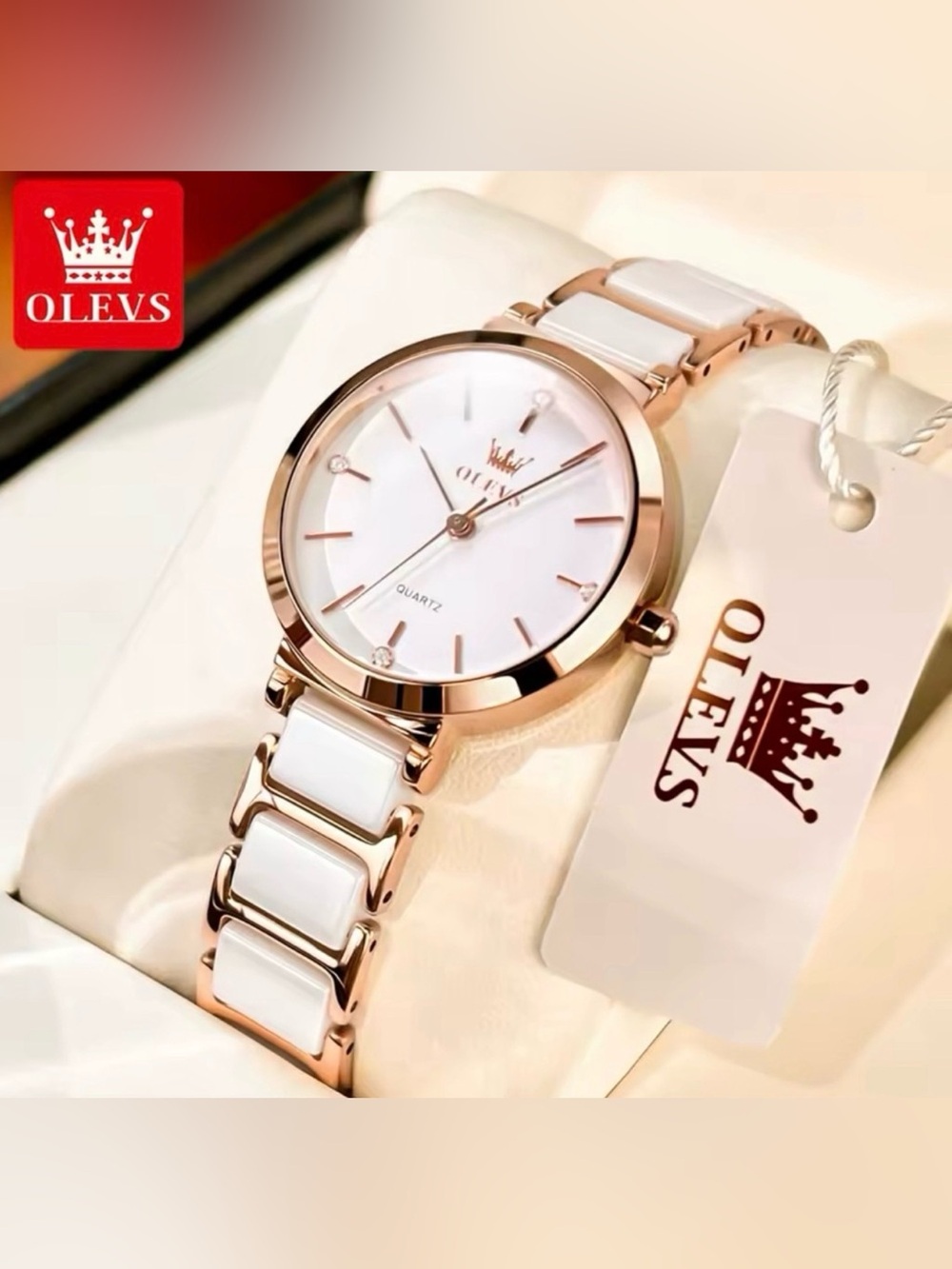 OLEVS Women's Rose Gold and White Ceramic Bracelet Watch